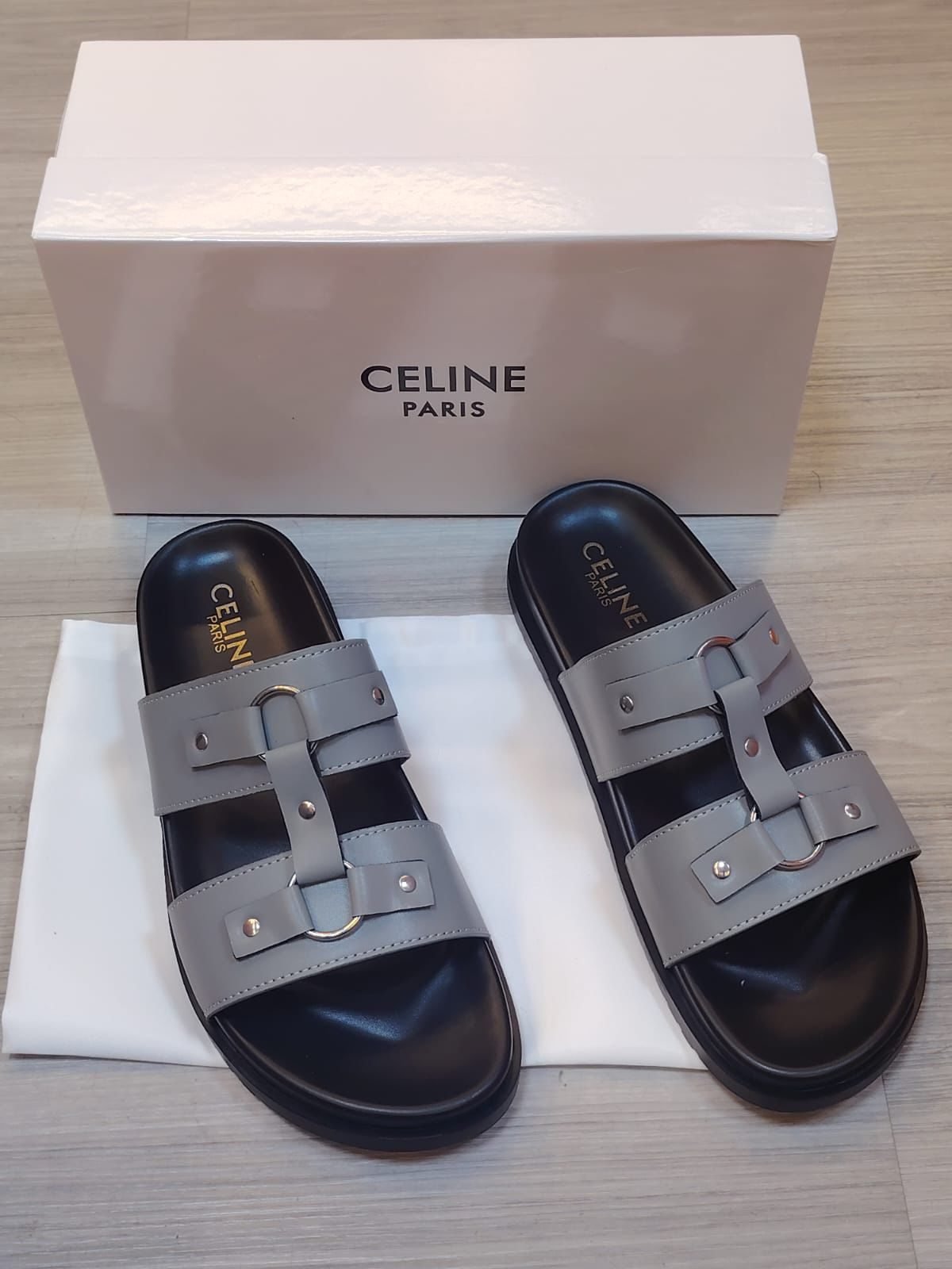 Celine Buckle Strap Slides Grey