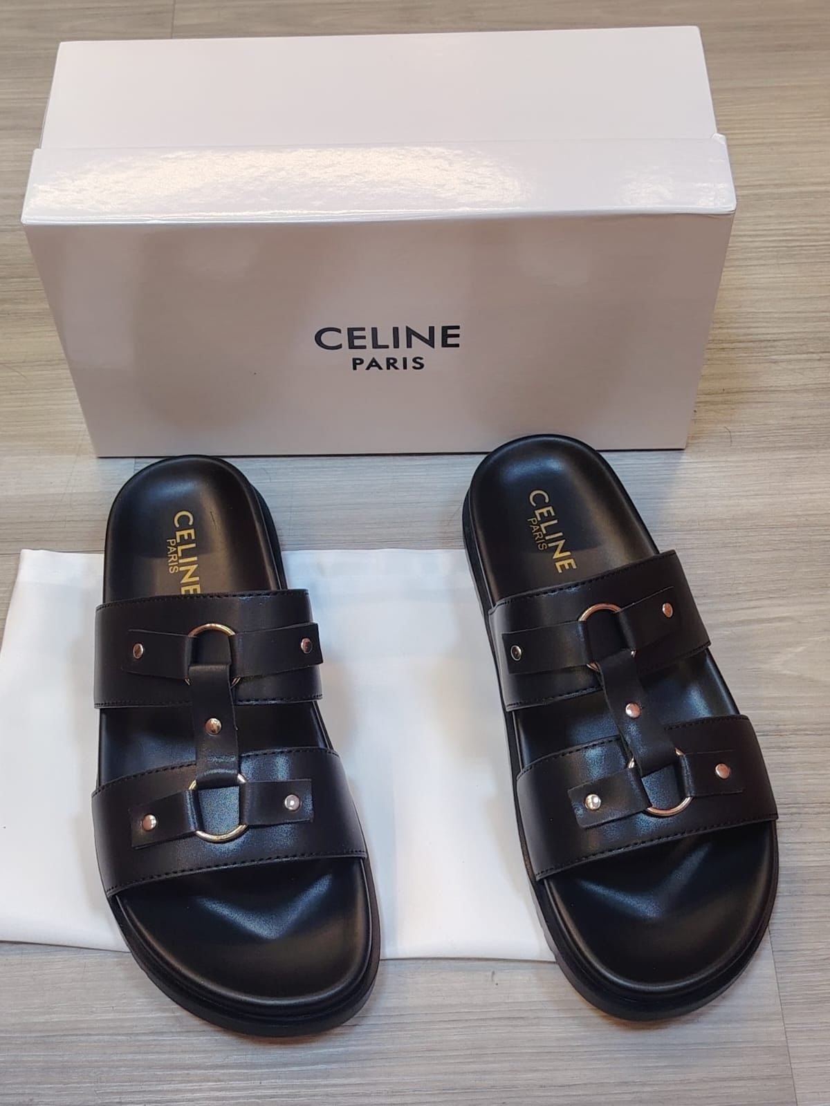 Celine Buckle Strap Slides Black
